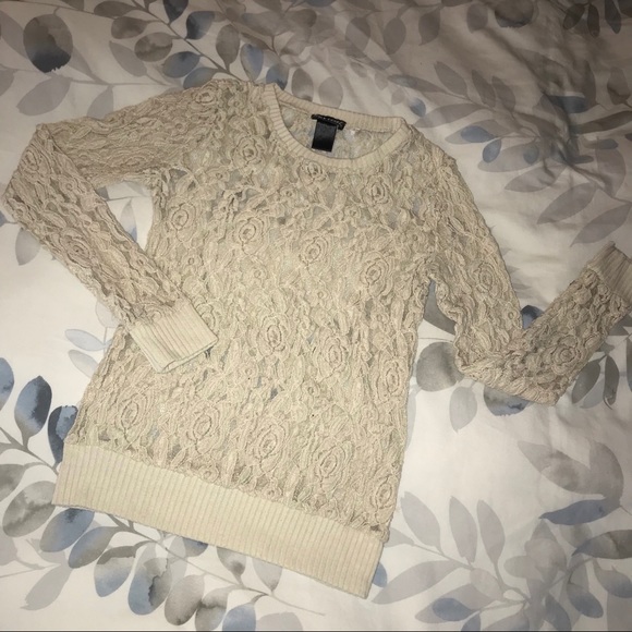 Wet Seal Tops - Light Beige Sheer Floral Lace Longsleeve Top